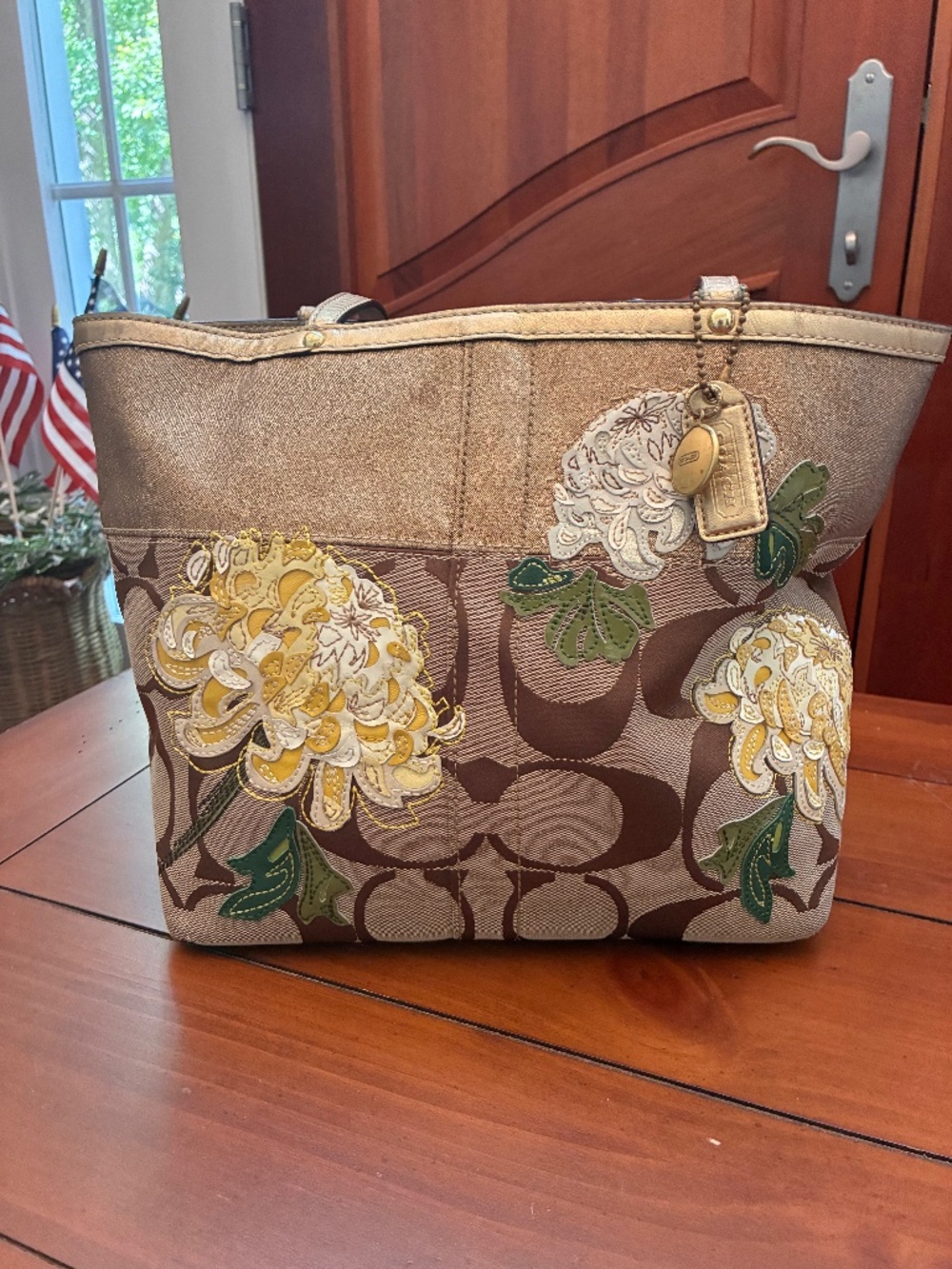 Vintage Y2K Coach 12204 Signature Floral Appliqué Tote Bag Gold Brown